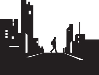 People walking across street city landscape background vector silhouette illustration line art