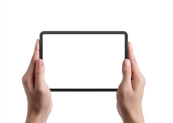 Human hands holding a rectangular, black-bordered device with a blank, white screen