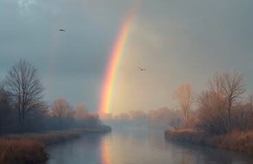 Fototapeta premium Colorful rainbow arches over calm river water and bare trees. Birds fly across a misty, overcast winter sky. Scenic nature offers tranquil, beautiful outdoor views.