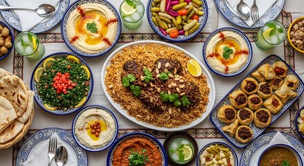 Overhead view of a diverse selection of middle eastern dishes on a table setting