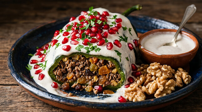 Traditional Mexican Chiles en Nogada Extreme Close-Up with Walnut Cream Sauce and Pomegranate, Ultra-High-Resolution Food Photography