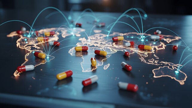 Global Pharmaceutical Supply Chain with Medicine Capsules on World Map, International Drug Distribution Network, Healthcare Logistics, Medical Export Import and Biotechnology Industry