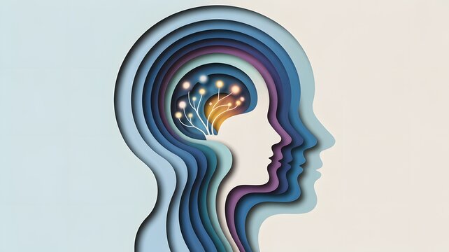 Human Mind Layers with Neural Connections, Cognitive Psychology Visualization, Brain Function Awareness, Mental Health Understanding, Neuroscience Research and Emotional Intelligence