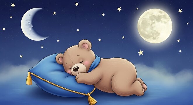 Teddy Bear Sleeping Under Starry Night Sky.