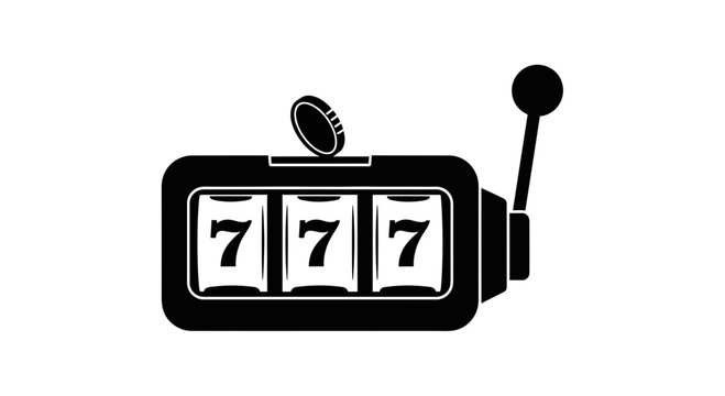 Iconic illustration of a winning slot machine displaying lucky sevens with a coin dropping into