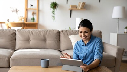 Obraz premium Cheerful young Indian woman engaging with digital tablet for online video call or social media on living room sofa.