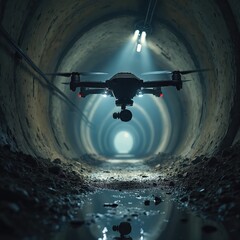 Fototapeta premium Drone with camera flies through dark underground tunnel. Lights illuminate concrete walls. Water reflects on ground, robotic exploration, infrastructure inspection.