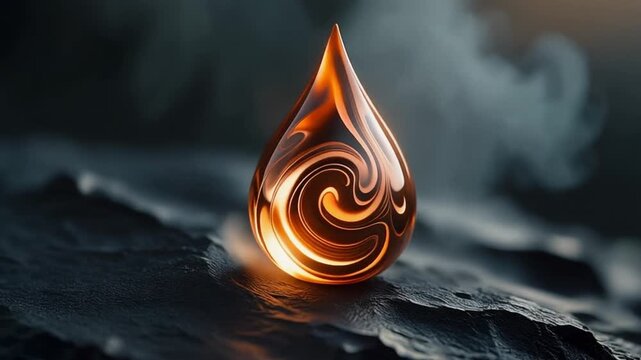 Crystal clear molten copper droplet cooling fluid texture in cinematic macro close