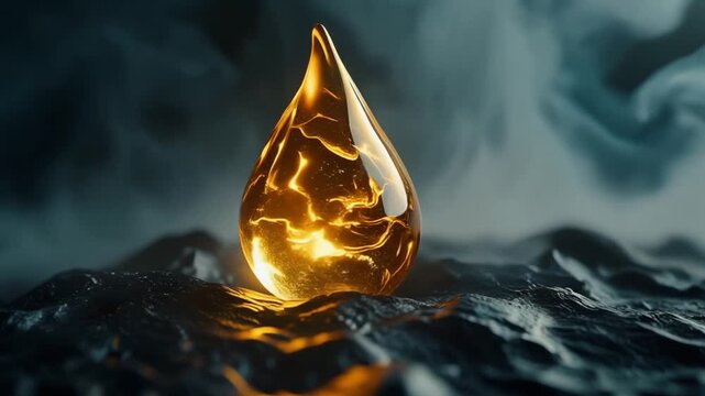 Crystal clear molten gold droplet resting on fluid texture in cinematic macro