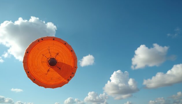 Orange clay pigeon flies against blue sky with clouds. Clay target thrown for shotgun sport shooting practice. Practice for accuracy and skill.