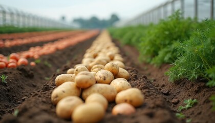 Naklejka na ściany i meble Field rows with potatoes, carrots, and green plants grow in soil. Farm greenhouses visible in soft focus background. Ready for harvest, fresh organic produce.