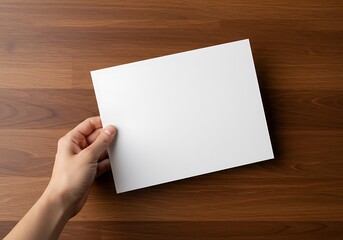 Obraz premium Hand Holding Blank Paper: Warm Wood Texture