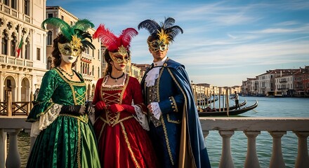 Obraz premium Three People Wearing Masks and Costumes in Venice.