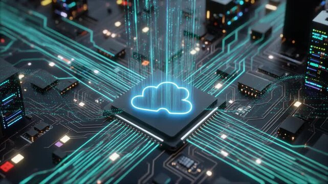3D isometric animation of artificial intelligence cloud server network with glowing data connections, futuristic processor chip, and modern technology infographic style in clean minimal design.