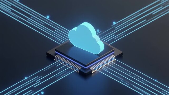 3D isometric animation of artificial intelligence cloud server network with glowing data connections, futuristic processor chip, and modern technology infographic style in clean minimal design.