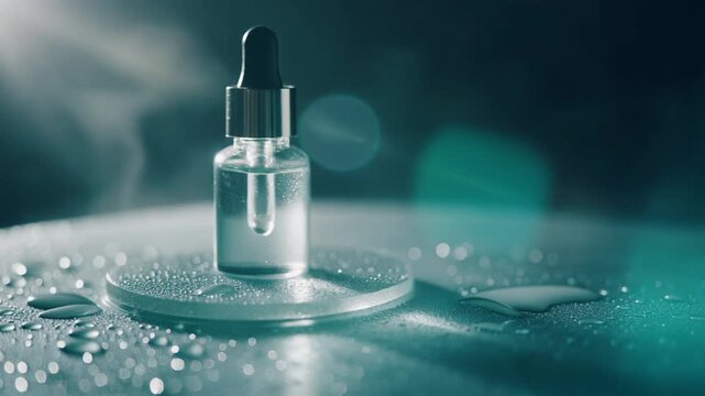 Crystal clear skincare dropper bot fluid texture in cinematic macro close up