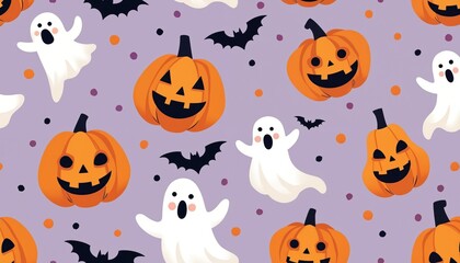 Naklejka premium Cute cartoon halloween pattern with pumpkins ghosts and bats. Festive graphic for October holiday. Spooky playful design for kids and adults. Use for decor and crafts.
