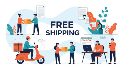 E-commerce delivery team coordinating free shipping services and package distribution for online shopping orders.