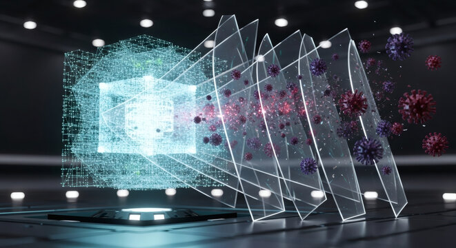 Conceptual representation of advanced digital technology protecting against biological threats and viruses