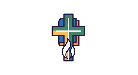 Obraz premium A stylized cross in green and orange with blue accents and a flame. Elements overlap in a flat design