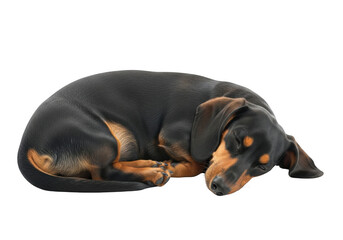Obraz premium A black and brown dog curled up and sleeping peacefully, isolated on transparent background
