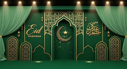Elegant eid mubarak backdrop with gold accents and green theme