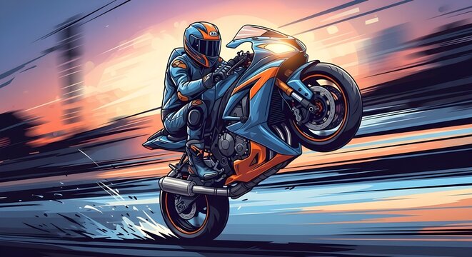 A stylized digital illustration depicts a rider in matching blue and orange gear performing a wheelie on a sportbike, with motion lines and a vibrant sunset sky creating a sense of speed and excitemen