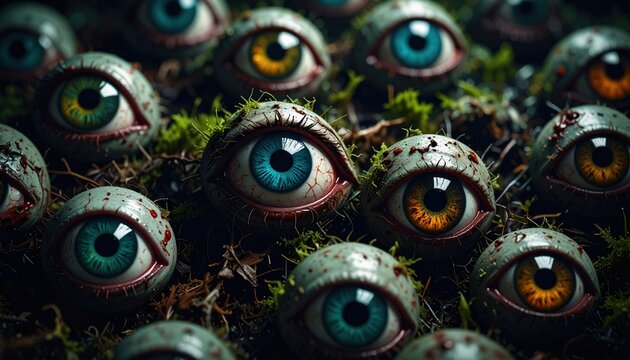 Surreal field of organic eyes, a bizarre botanical horror concept image