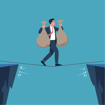 Businessman Walking Tightrope with Heavy Money Bags Over Dangerous Cliff
