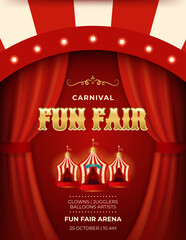 Colorful vintage circus invitation poster. Striped circus tents, curtains, illuminated stage arches. Template for advertising banner, poster, flyer, social media and more. Retro vector illustration © Dukhanina Ekaterina