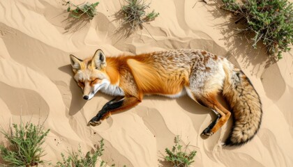 Tranquil Tibetan Sand Fox: Camouflaged Rest in Desert Landscape Flat Lay