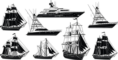 Black ship silhouettes set including vintage sailing vessels tall ships luxury yachts and modern motor boats isolated on white background for nautical design projects. © MSTMUNMUN