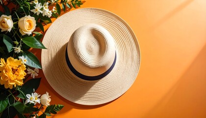 Elegant sunhat adorned with vibrant flowers on a warm orange backdrop, basking in sunlight