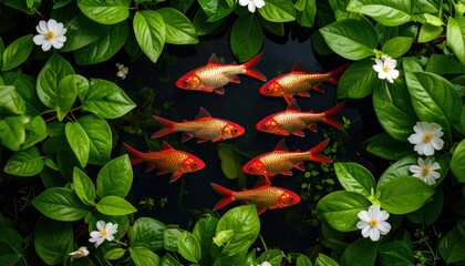 Tranquil aquatic scene of cherry barbs swimming amidst lush plants and flowers