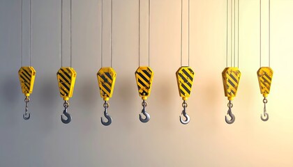A group of crane hooks with yellow and black warning stripes hang suspended