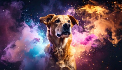 A majestic dog portrait amidst vibrant, surreal cosmic cloudscapes artistry