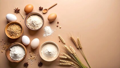 Baking Ingredients Still Life Featuring Flour, Eggs, Grains and Spices