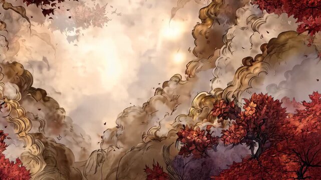 A sky view with stylized clouds framed by reddish foliage. Comic-like art style