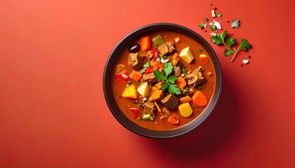 Delicious Homemade Beef Stew with Colorful Vegetables on Red Background