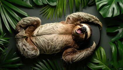 Whimsical sloth mid-yawn surrounded by lush tropical foliage, top-down view