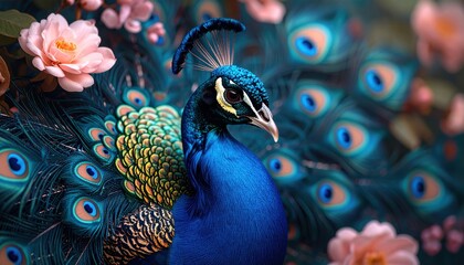 Majestic Peacock Displaying Plumage Among Delicate Blossoms of Floral Beauty