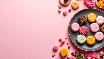 Delightful assortment of colorful confectionery arranged with flowers on a pink backdrop