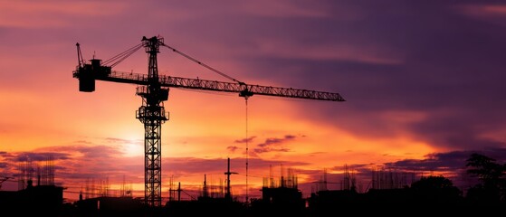 The crane silhouetted against a dramatic sunset skyline over urban construction site