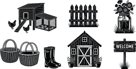 Black Vector Silhouette Set Featuring a Farm Chicken Coop, Garden Fence, Flower Mason Jar, Wicker Baskets, Rubber Boots, Greenhouse Shed, and Wooden Welcome Sign. © MSTMUNMUN
