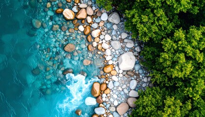 Aerial View of a Clear Stream with Smooth Rocks and Lush Greenery Creating a Natural Abstract Minimalist Scene