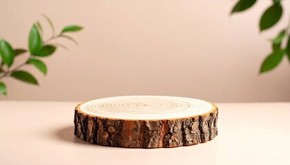 Minimalist Stage Wood Slice Mockup Display with Foliage for Product Presentation