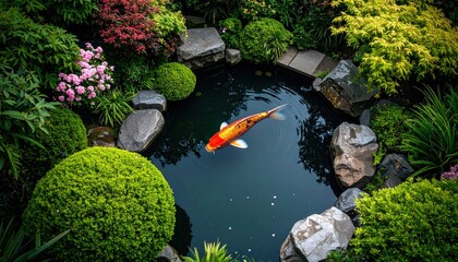 Serene garden pond featuring a vibrant koi fish swimming peacefully around