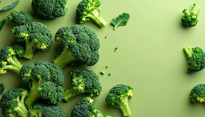 Vibrant green broccoli florets laid on a uniformly colored background plane