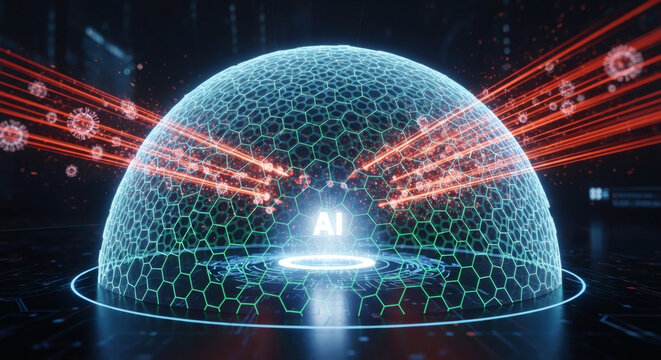 Innovative AI shield protecting against digital threats and viruses in a futuristic cybersecurity concept