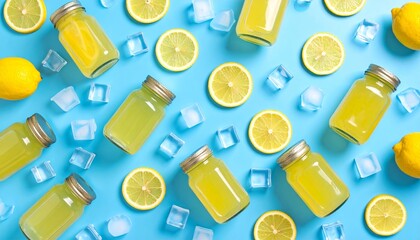 Vibrant seamless pattern of refreshing summer lemonade jars and ice cubes